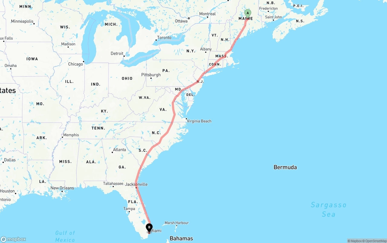 Shipping route from Maine to Port of Miami