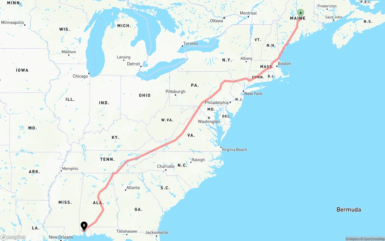 Shipping route from Maine to Port of Mobile