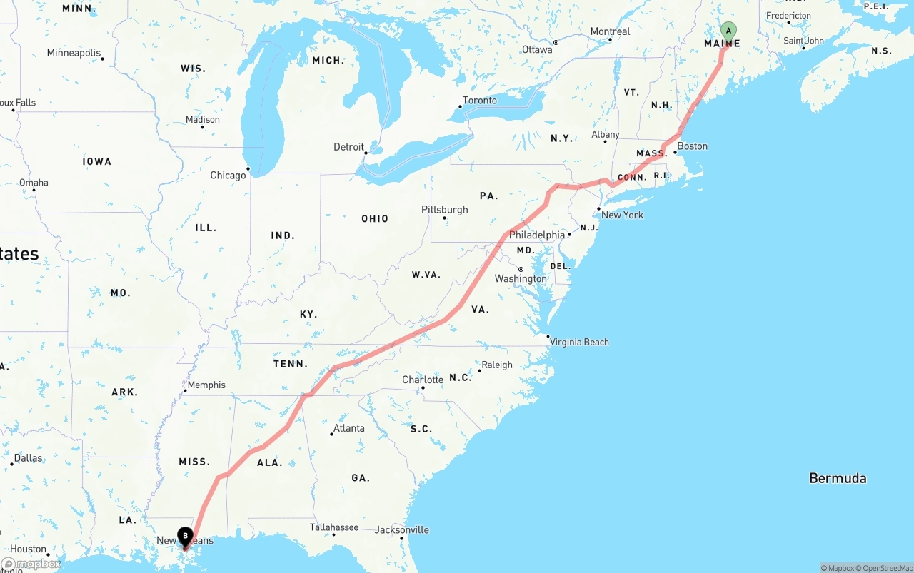 Shipping route from Maine to Port of New Orleans