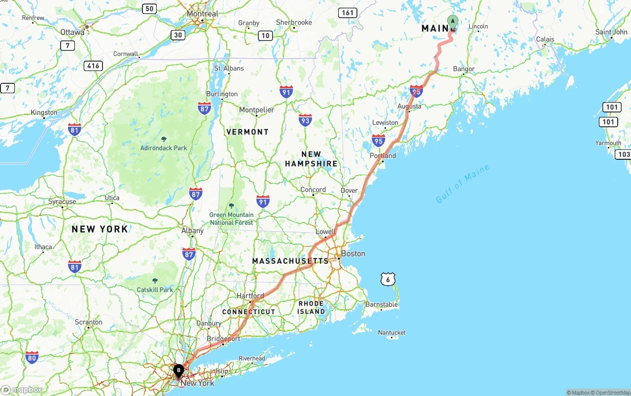 Shipping route from Maine to Port of New York