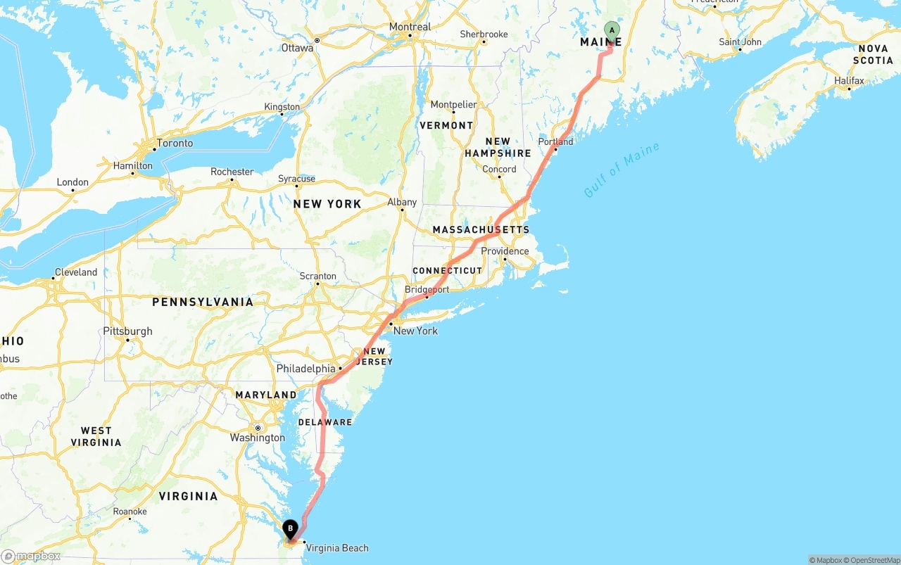 Shipping route from Maine to Port of Norfolk