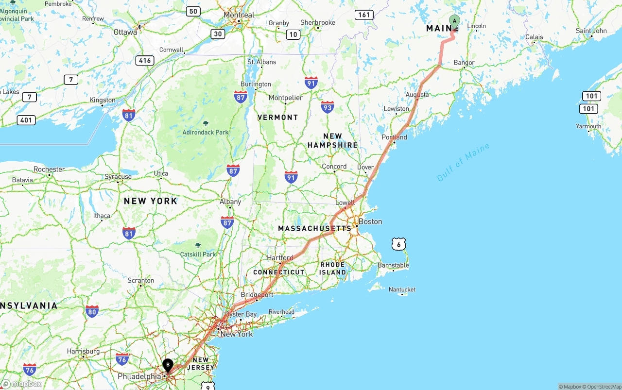 Shipping route from Maine to Port of Philadelphia