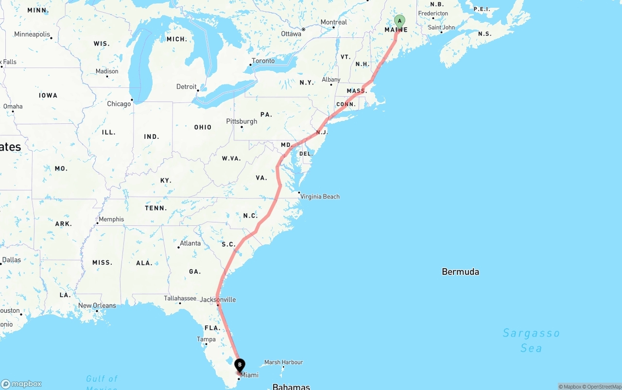 Shipping route from Maine to Port of Port Everglades