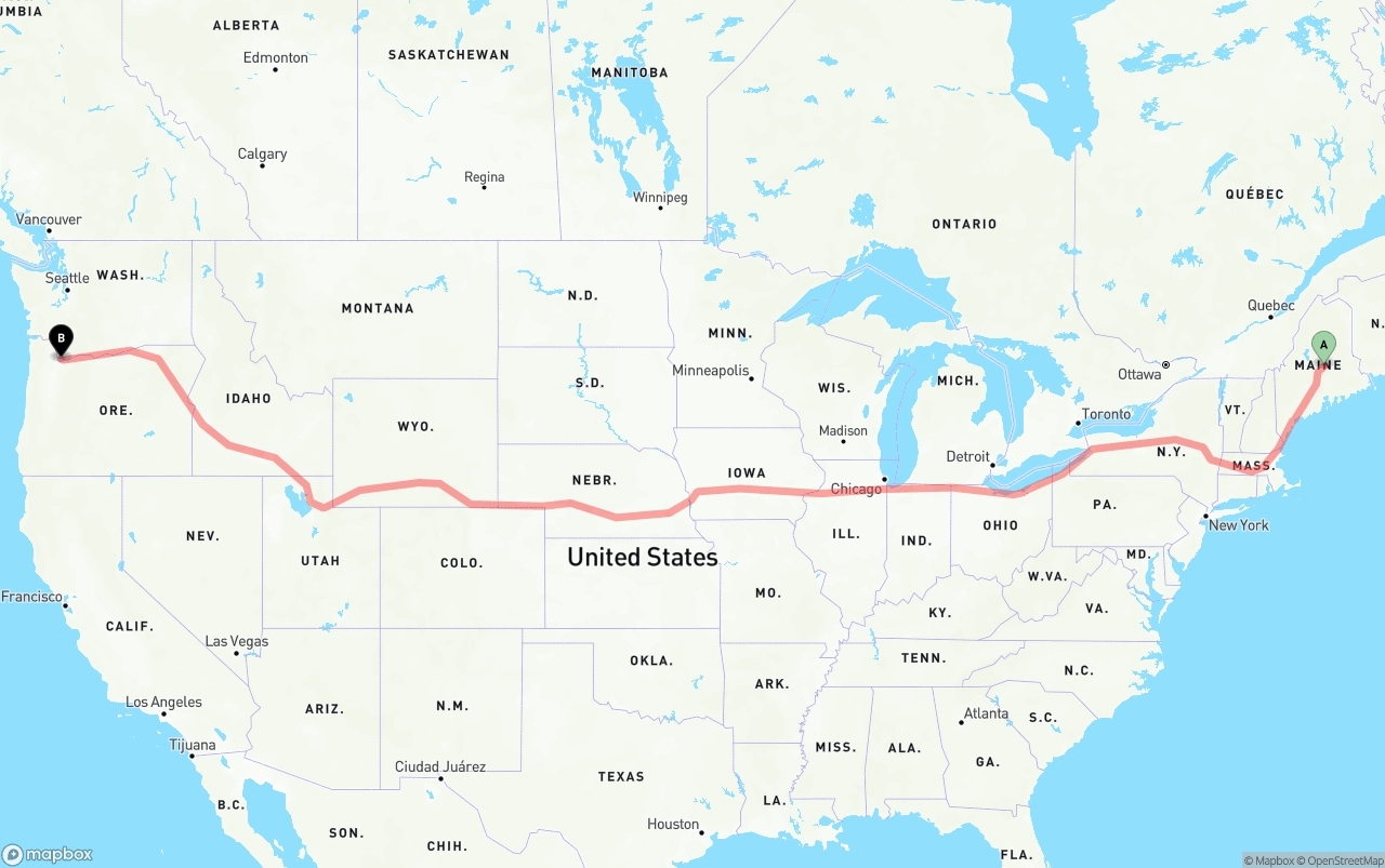 Shipping route from Maine to Portland International Airport