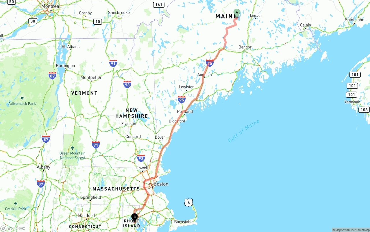 Shipping route from Maine to Rhode Island