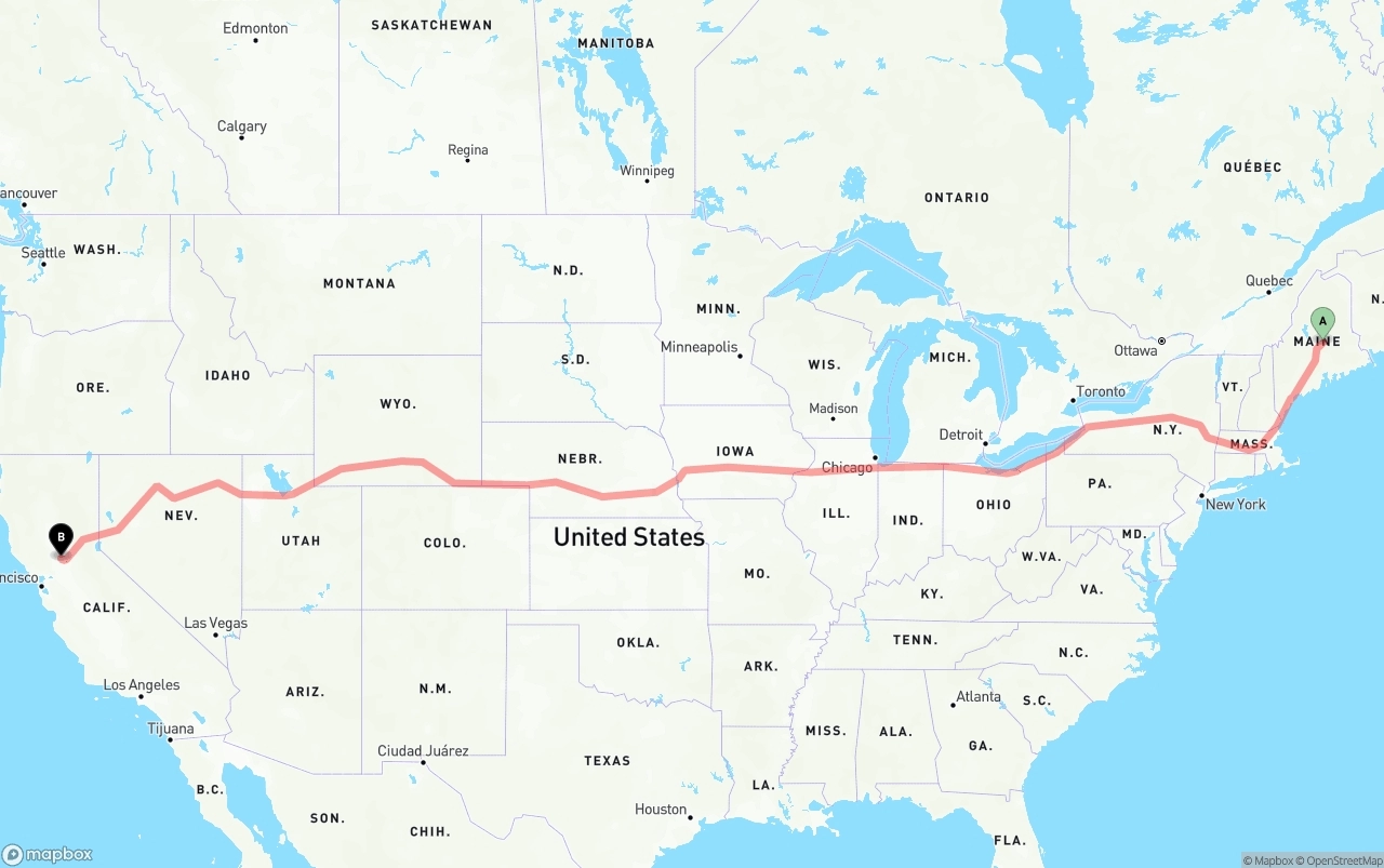 Shipping route from Maine to Sacramento International Airport