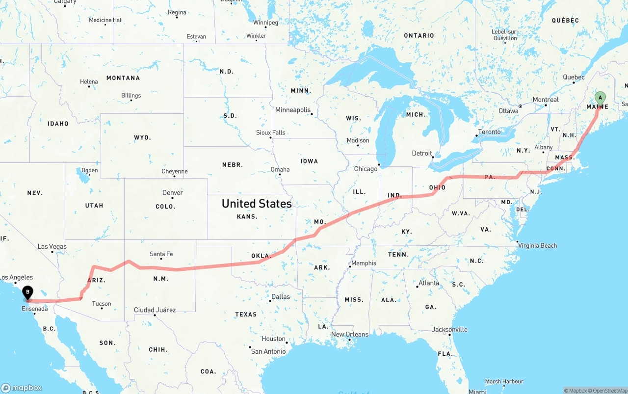 Shipping route from Maine to San Diego International Airport