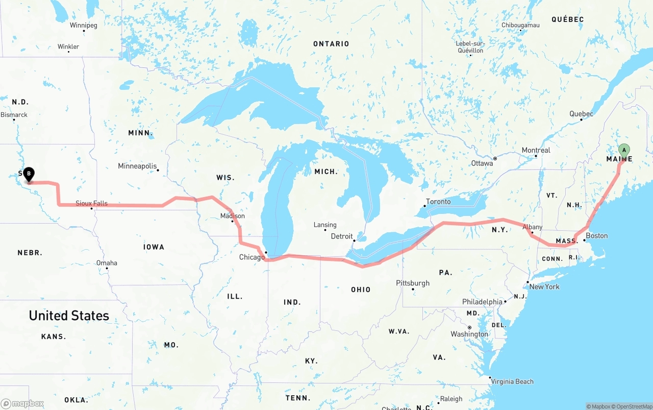 Shipping route from Maine to South Dakota