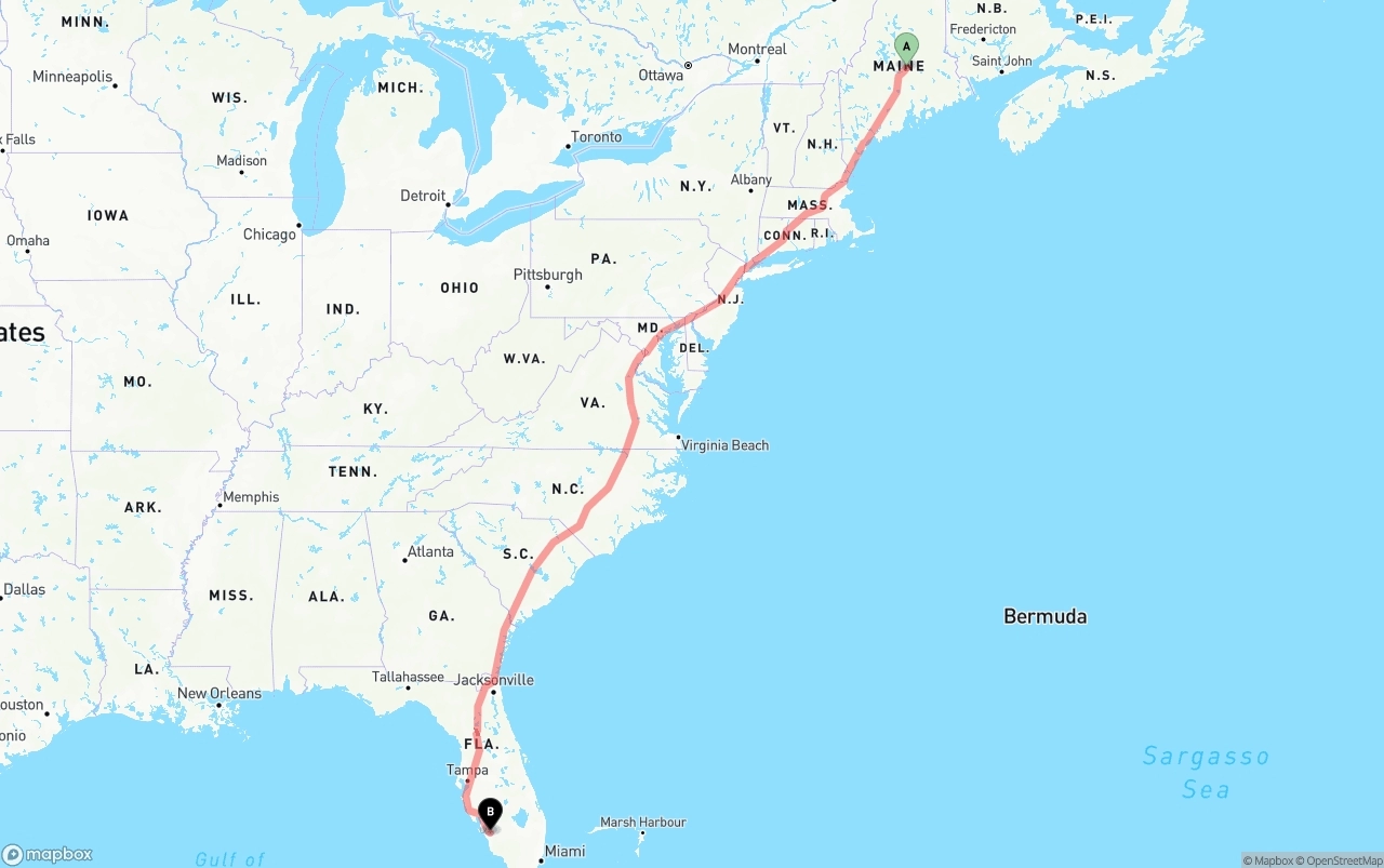 Shipping route from Maine to Southwest Florida International Airport