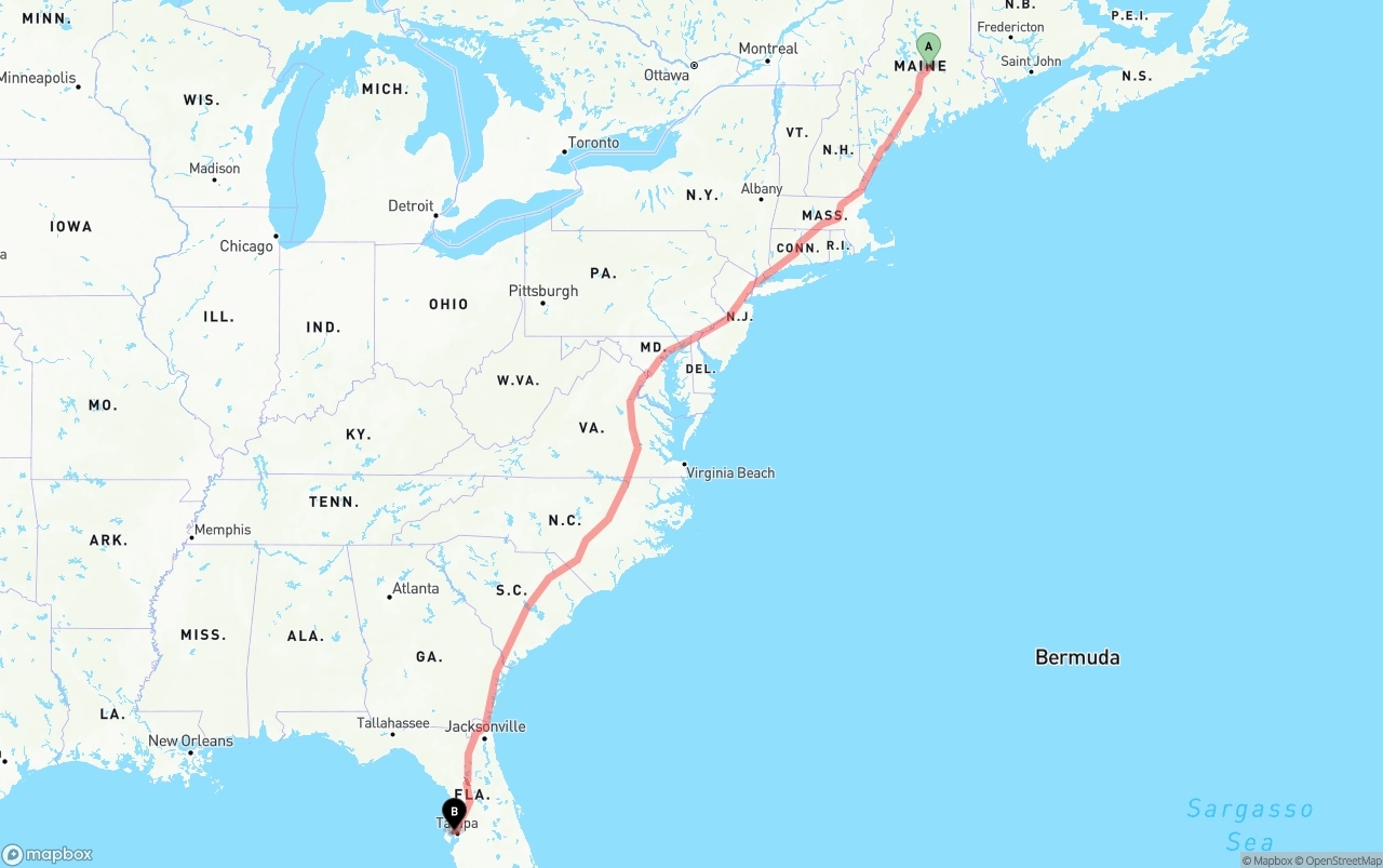 Shipping route from Maine to Tampa International Airport