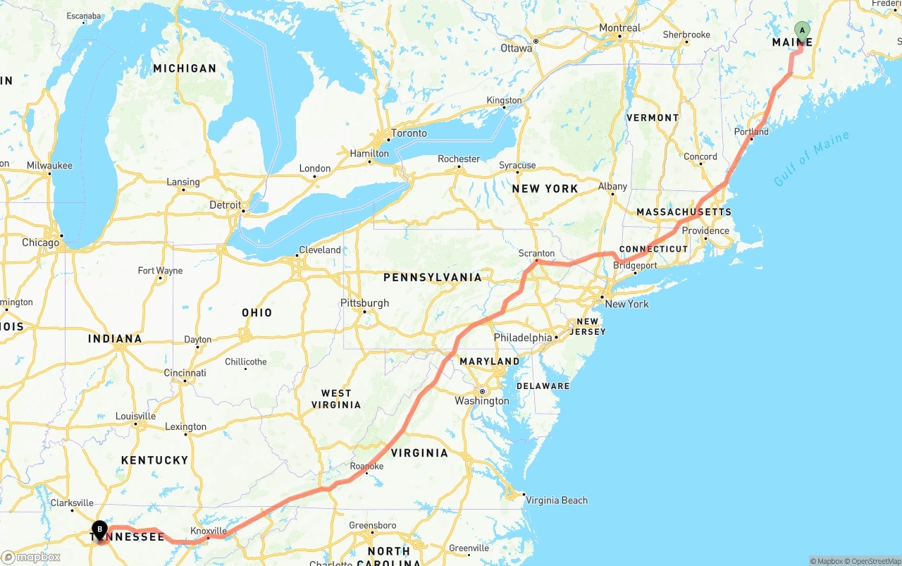 Shipping route from Maine to Tennessee