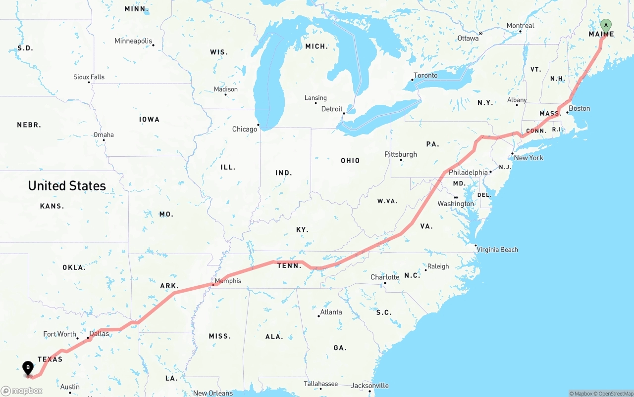 Shipping route from Maine to Texas