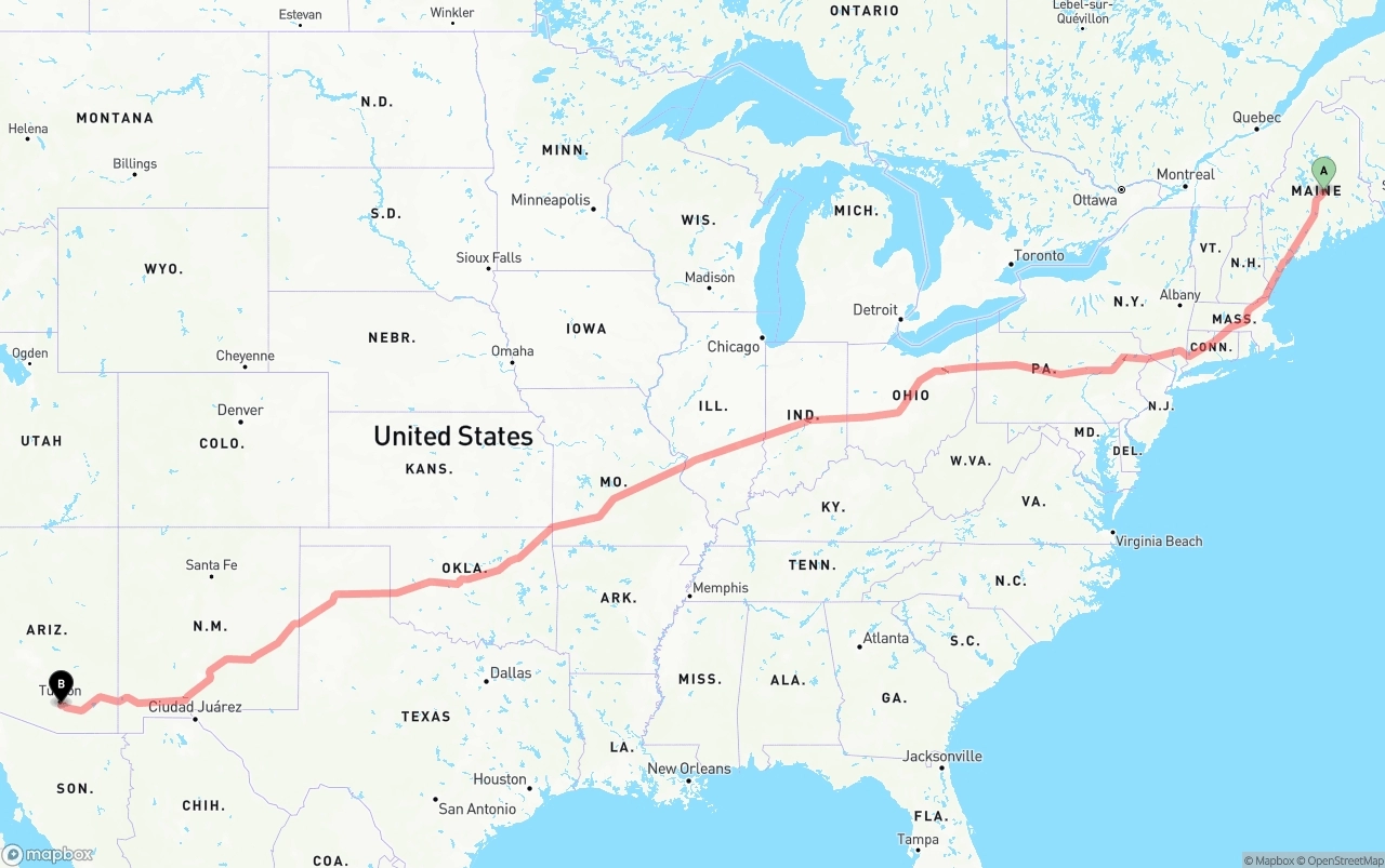 Shipping route from Maine to Tucson International Airport