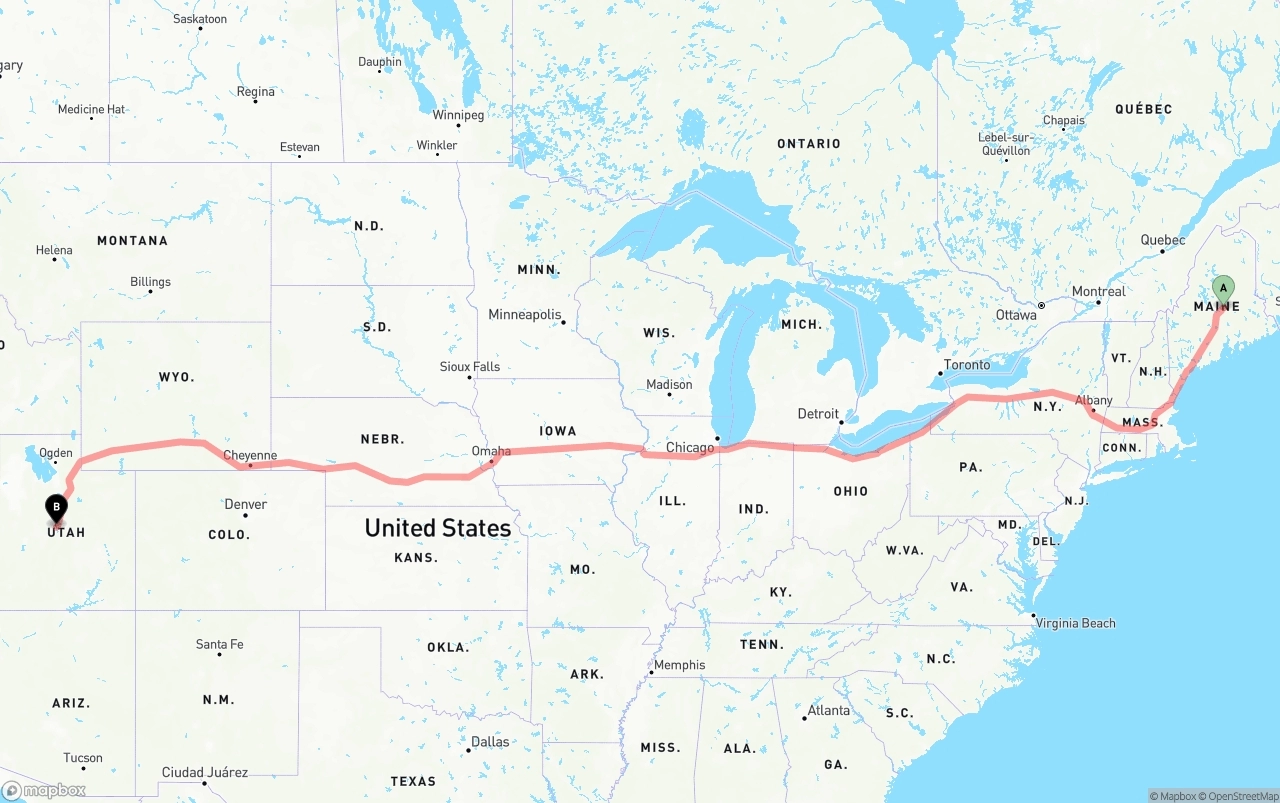 Shipping route from Maine to Utah