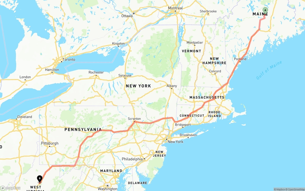 Shipping route from Maine to West Virginia