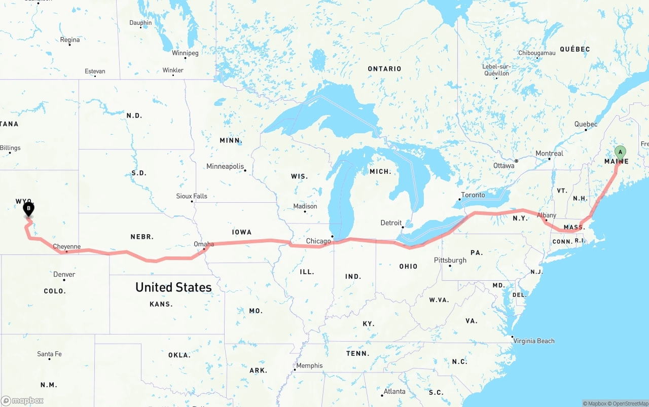Shipping route from Maine to Wyoming