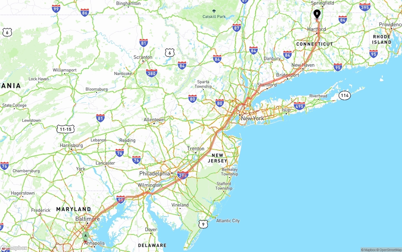 Shipping route from Maryland to Bradley International Airport