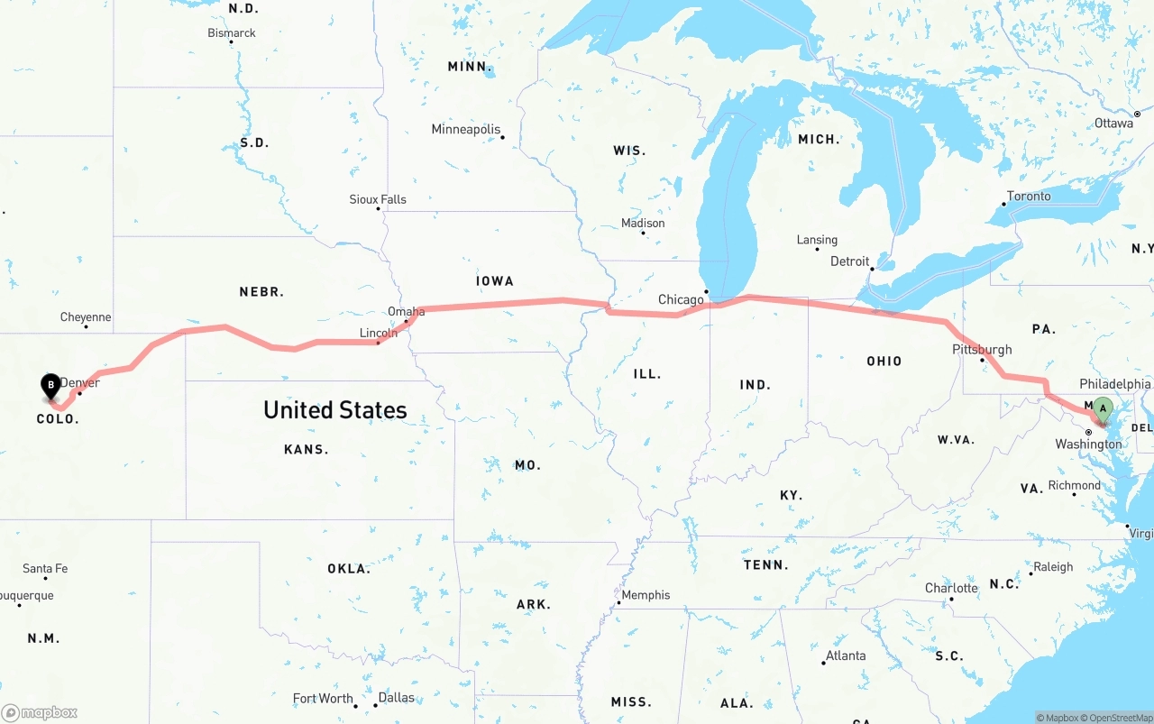 Shipping route from Maryland to Colorado