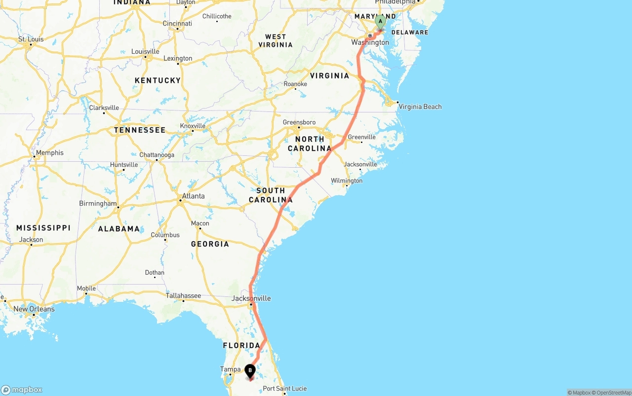 Shipping route from Maryland to Florida