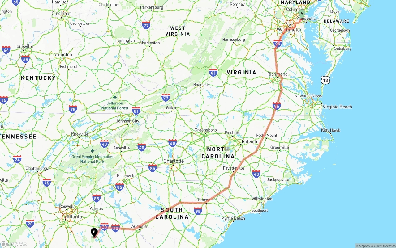 Shipping route from Maryland to Georgia