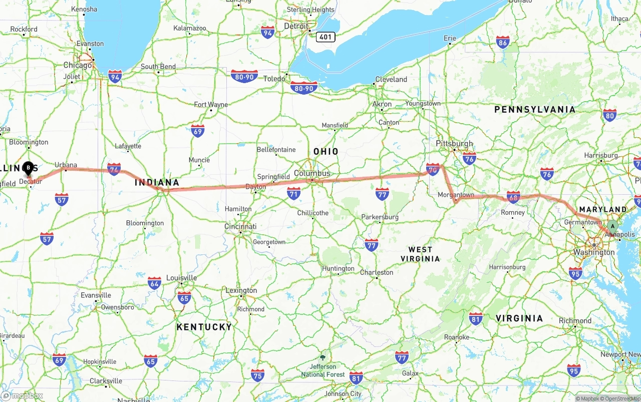 Shipping route from Maryland to Illinois