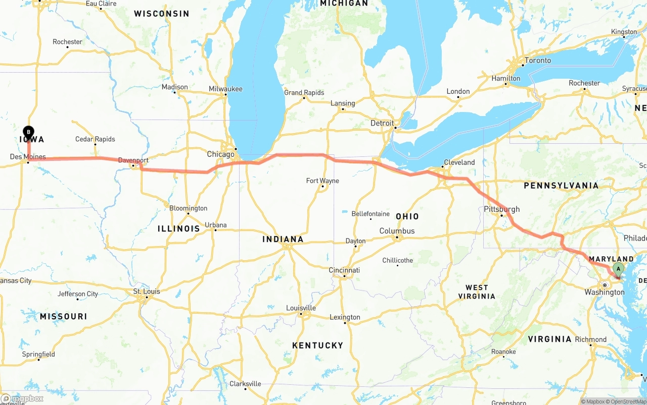 Shipping route from Maryland to Iowa