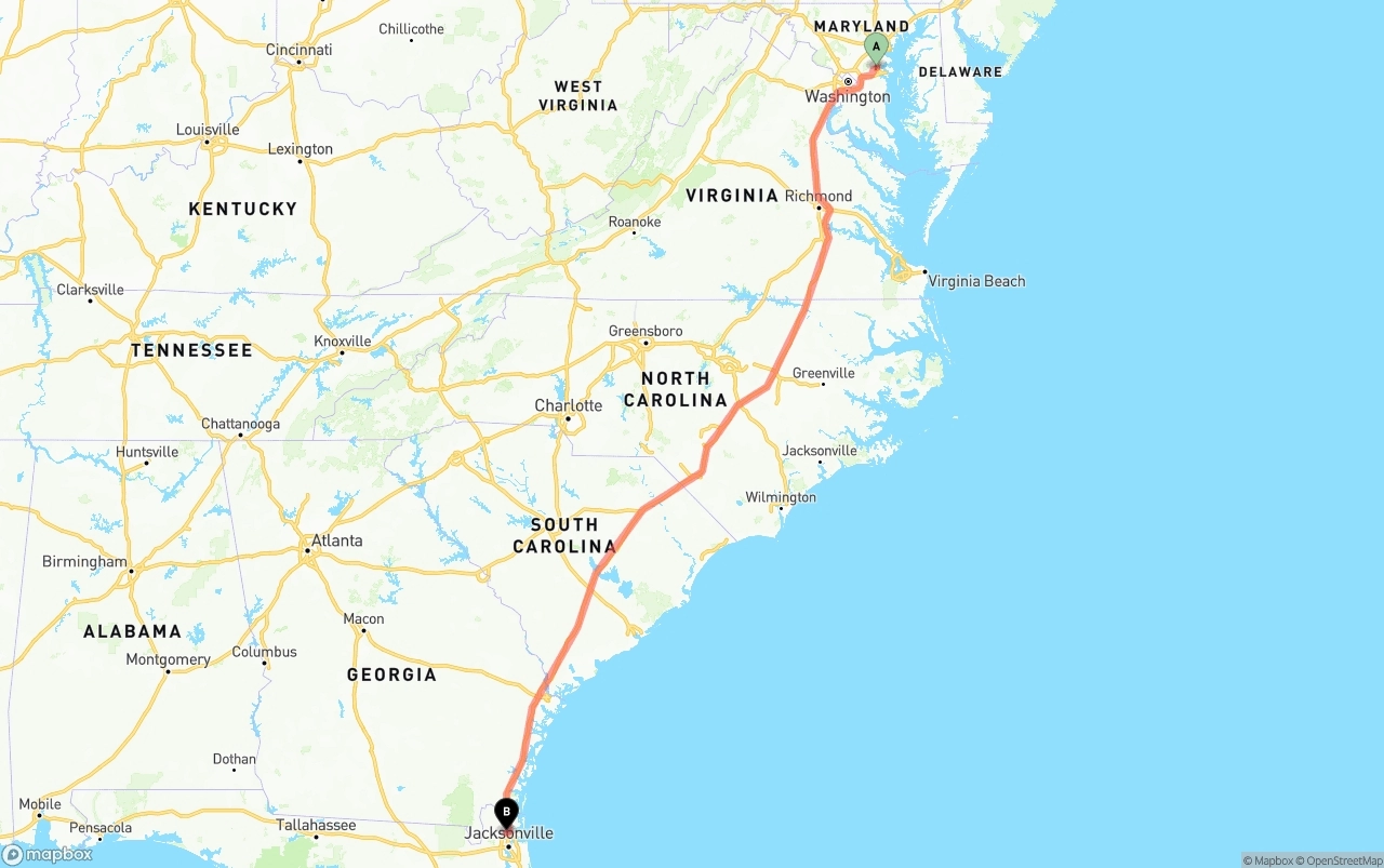 Shipping route from Maryland to Jacksonville International Airport