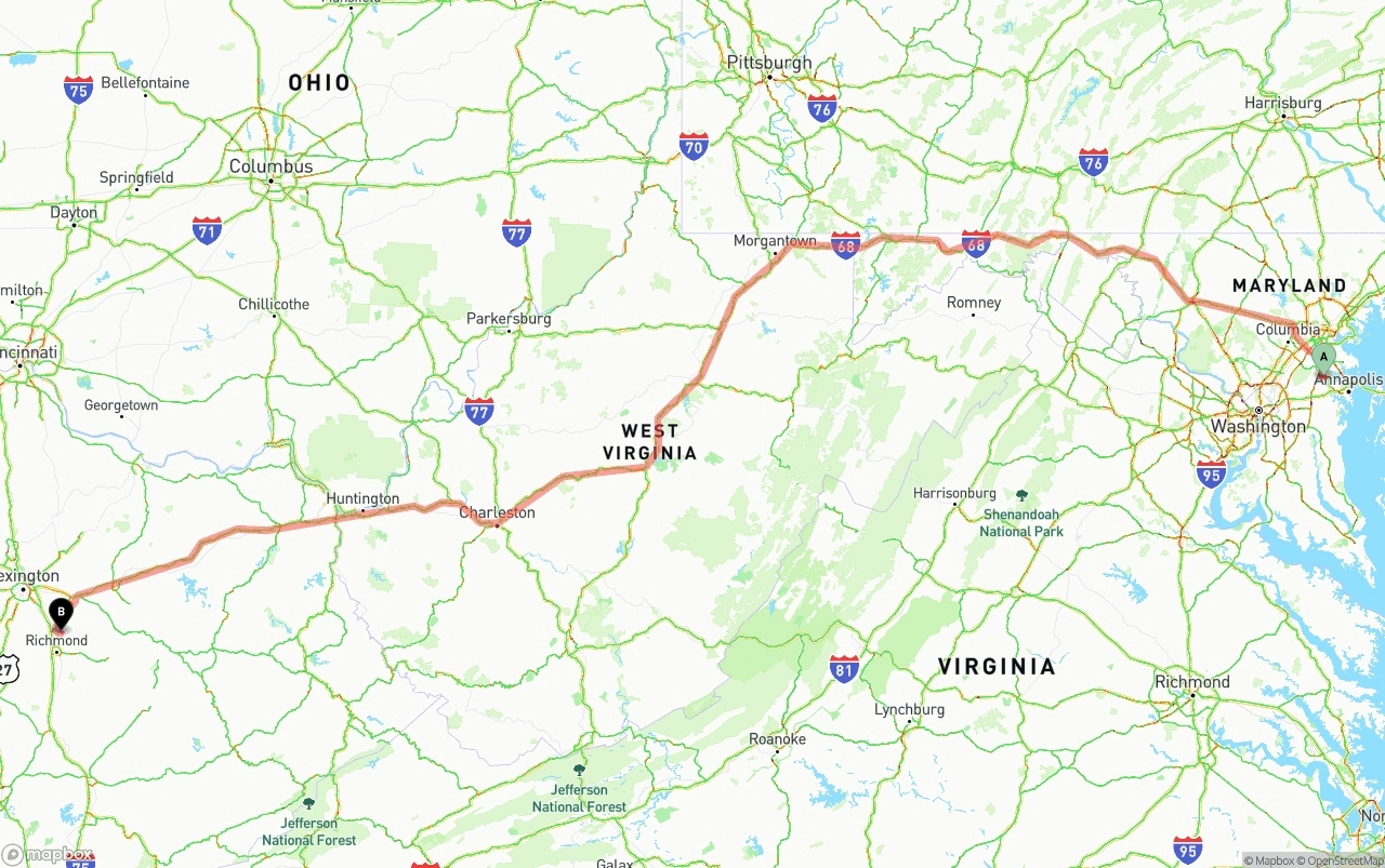 Shipping route from Maryland to Kentucky