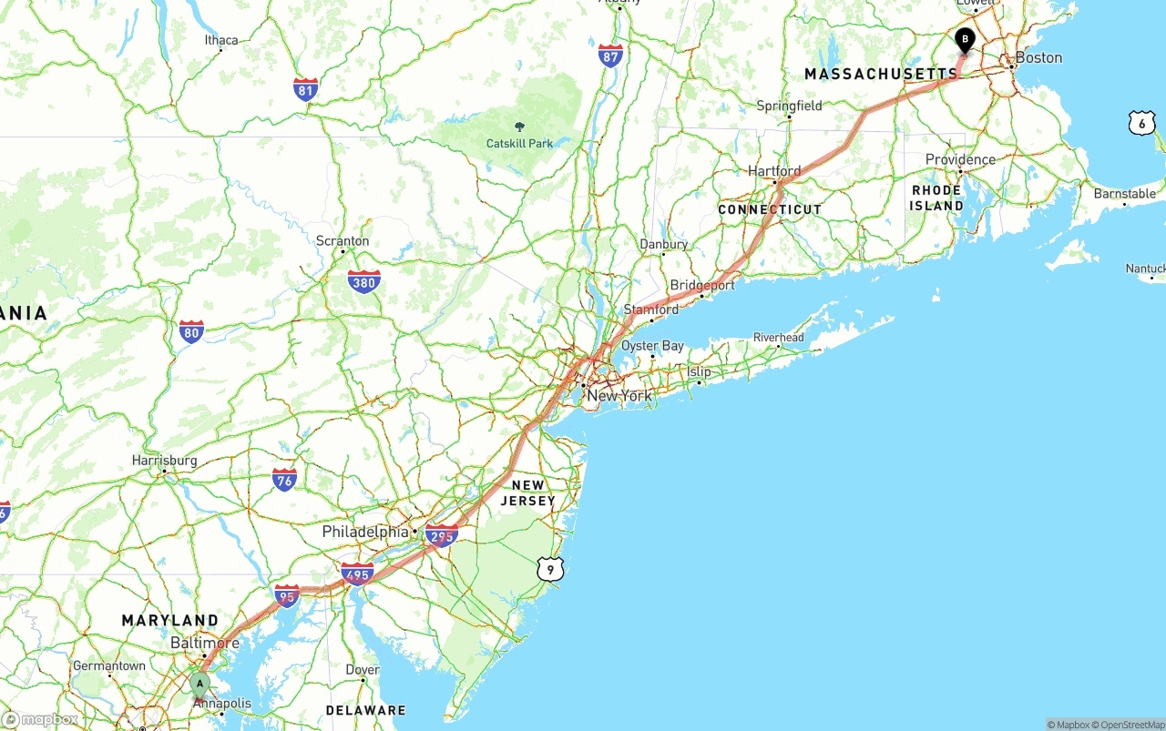 Shipping route from Maryland to Massachusetts