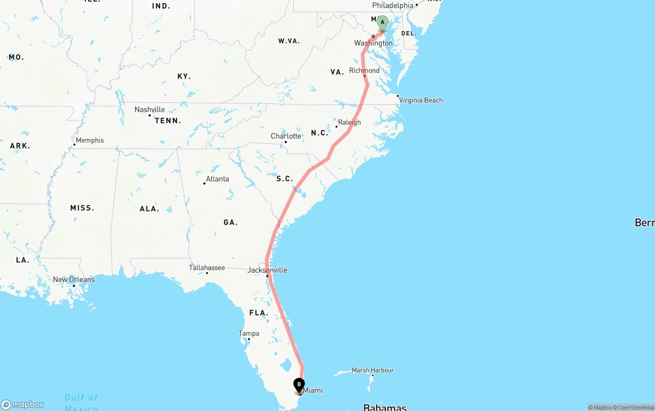 Shipping route from Maryland to Miami International Airport