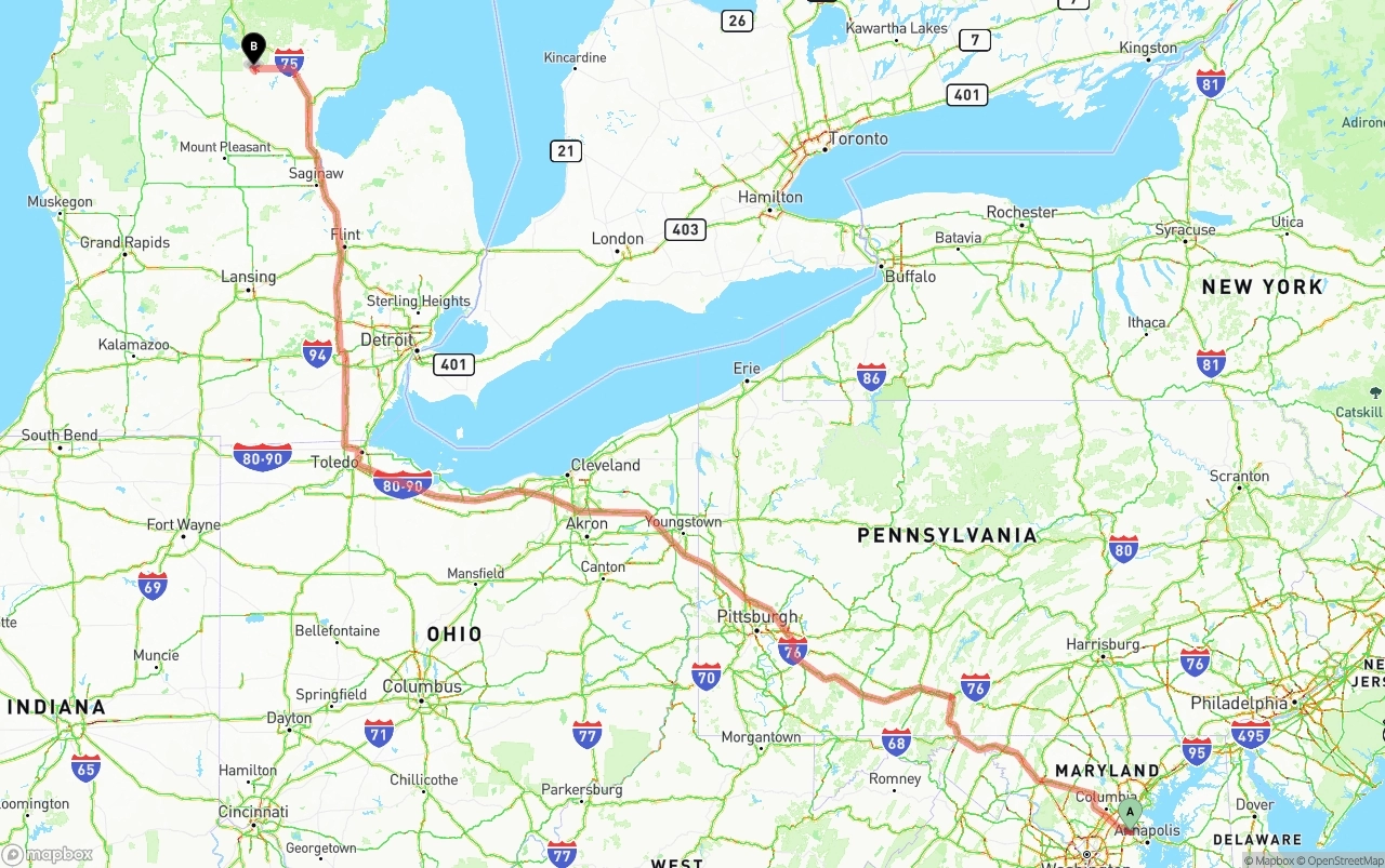 Shipping route from Maryland to Michigan