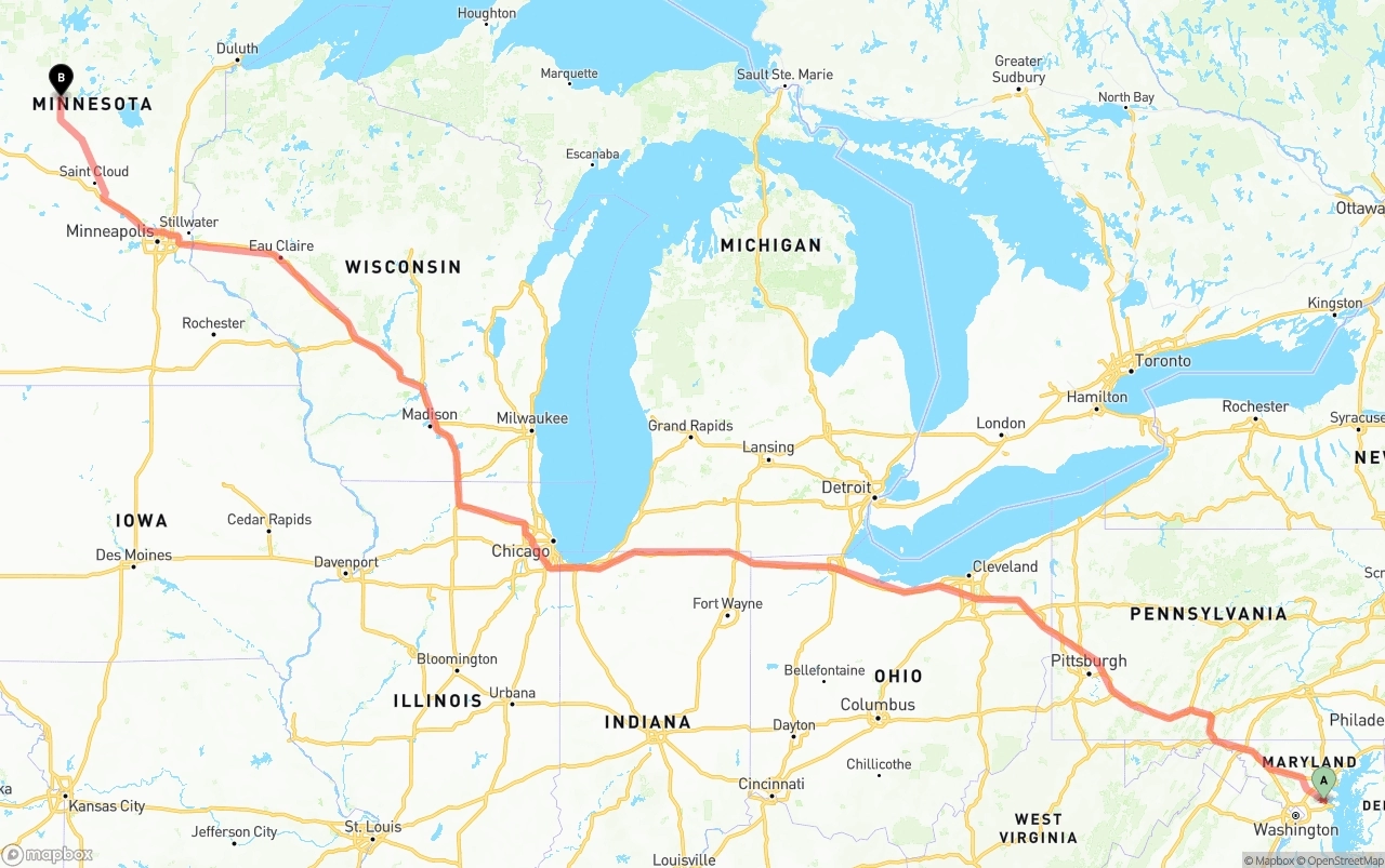 Shipping route from Maryland to Minnesota
