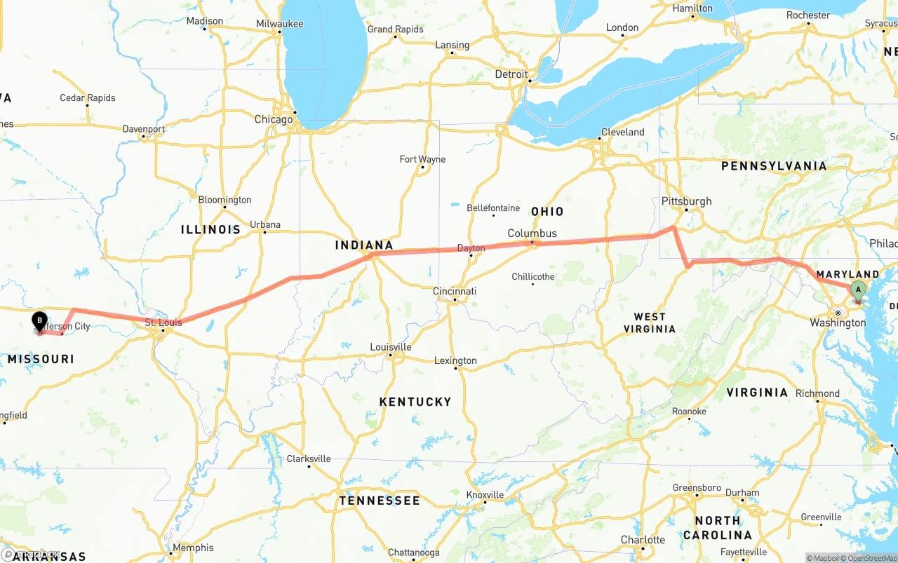 Shipping route from Maryland to Missouri