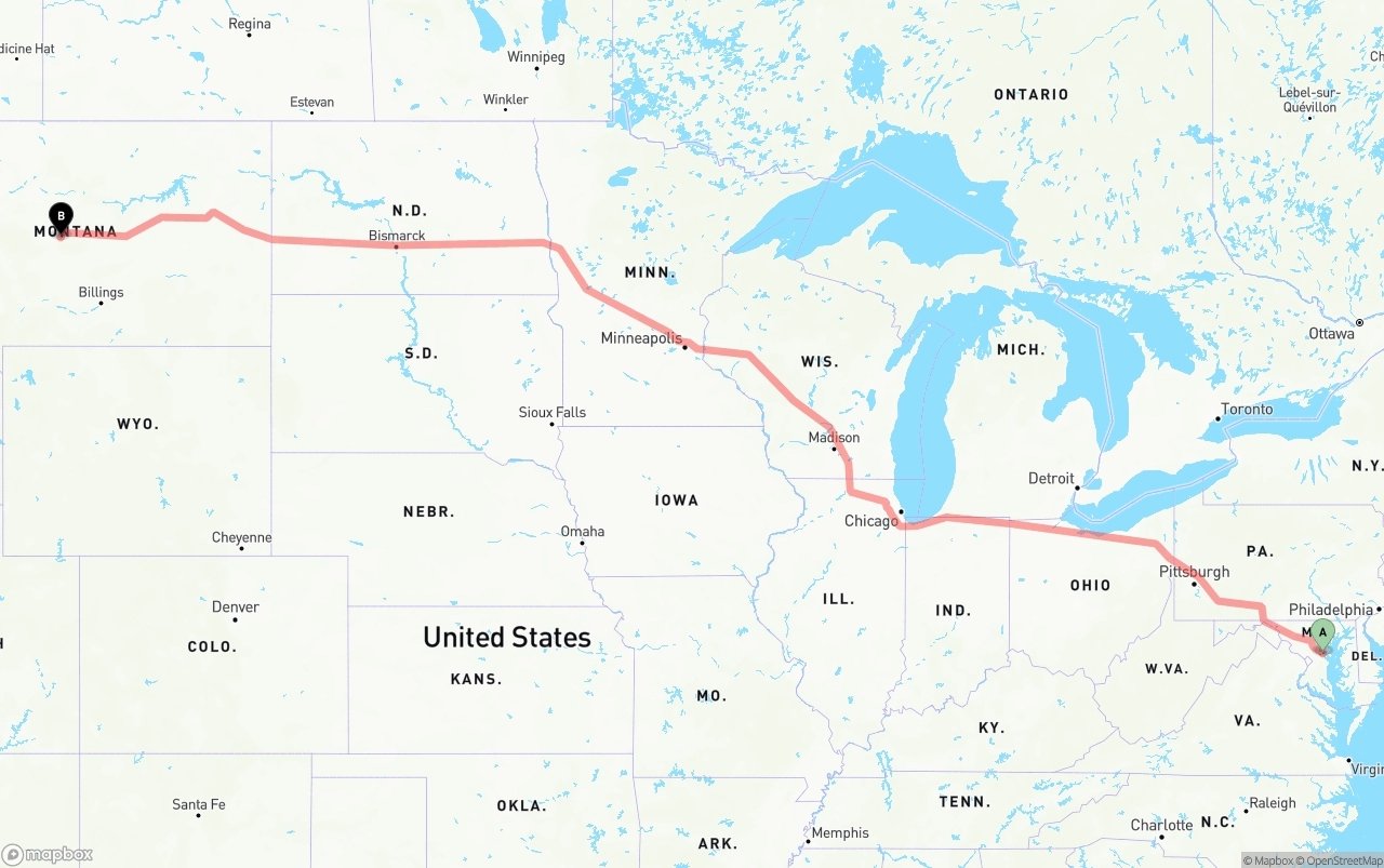 Shipping route from Maryland to Montana