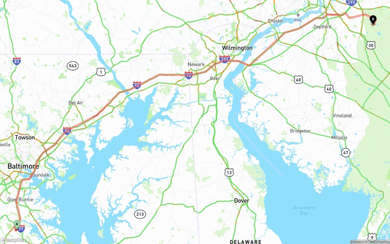 Shipping route from Maryland to New Jersey
