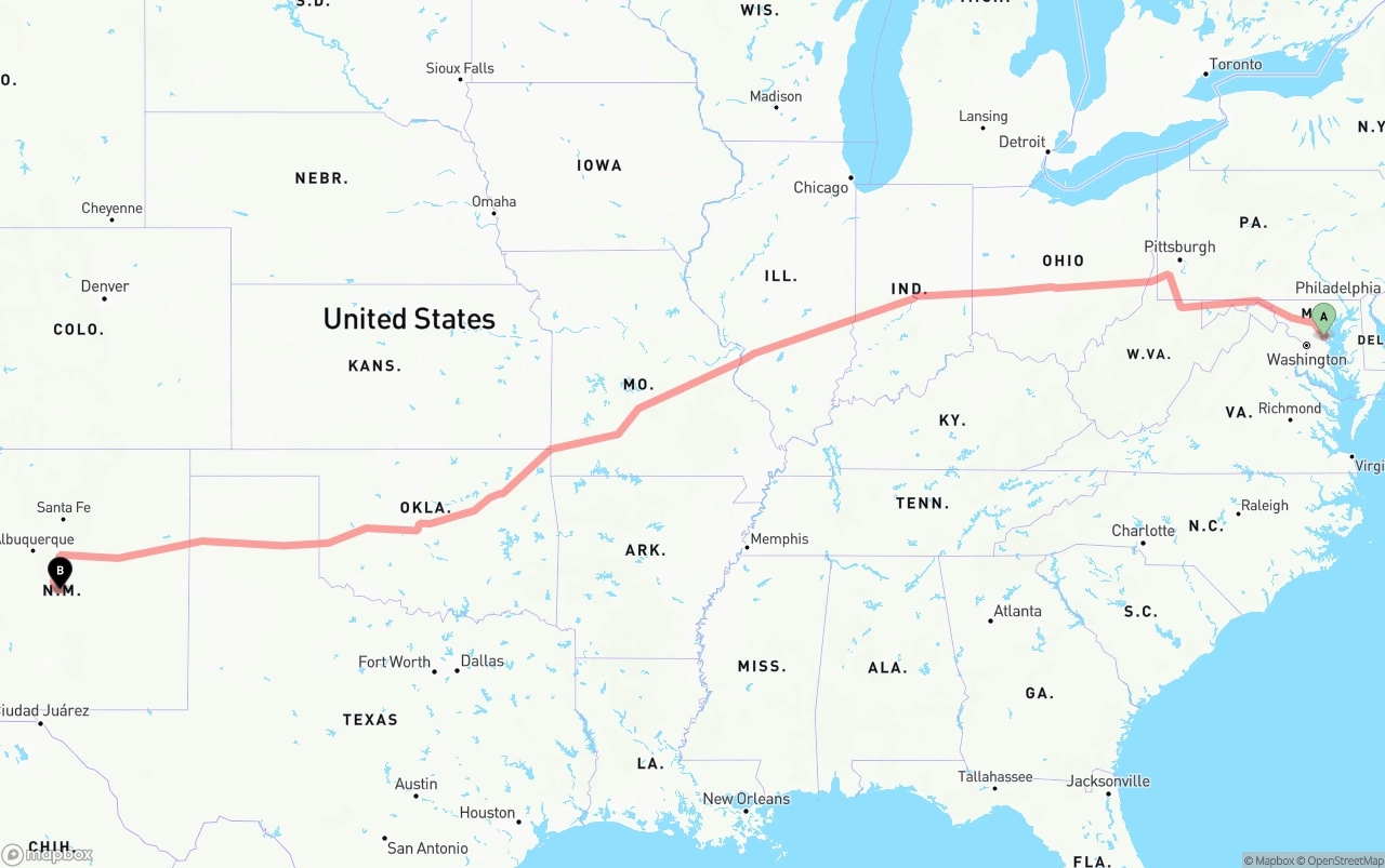 Shipping route from Maryland to New Mexico