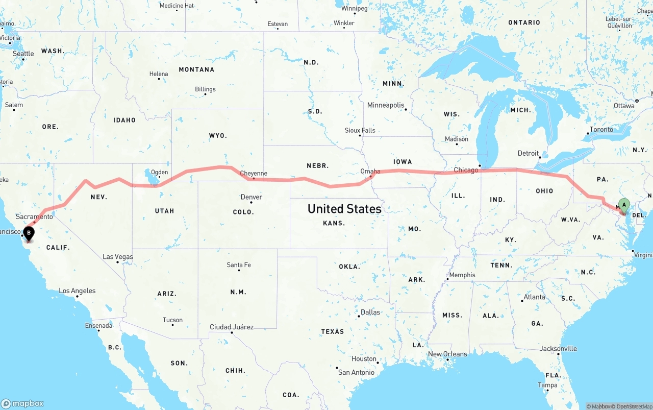 Shipping route from Maryland to Norman Y. Mineta San Jose International Airport