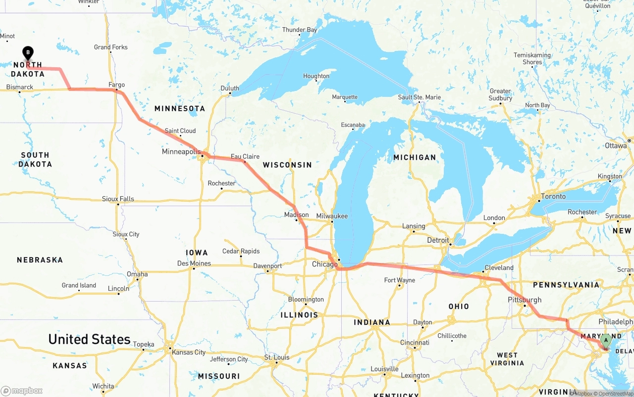 Shipping route from Maryland to North Dakota
