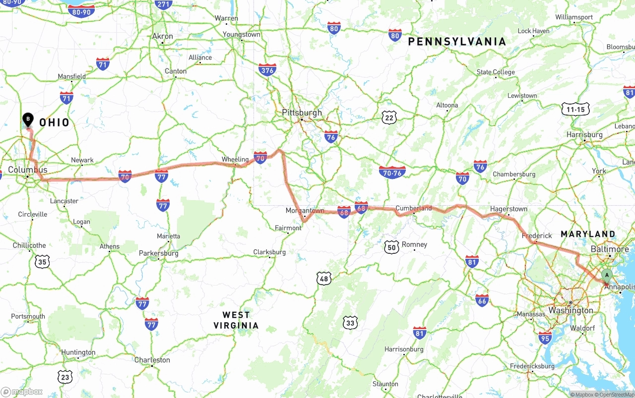 Shipping route from Maryland to Ohio