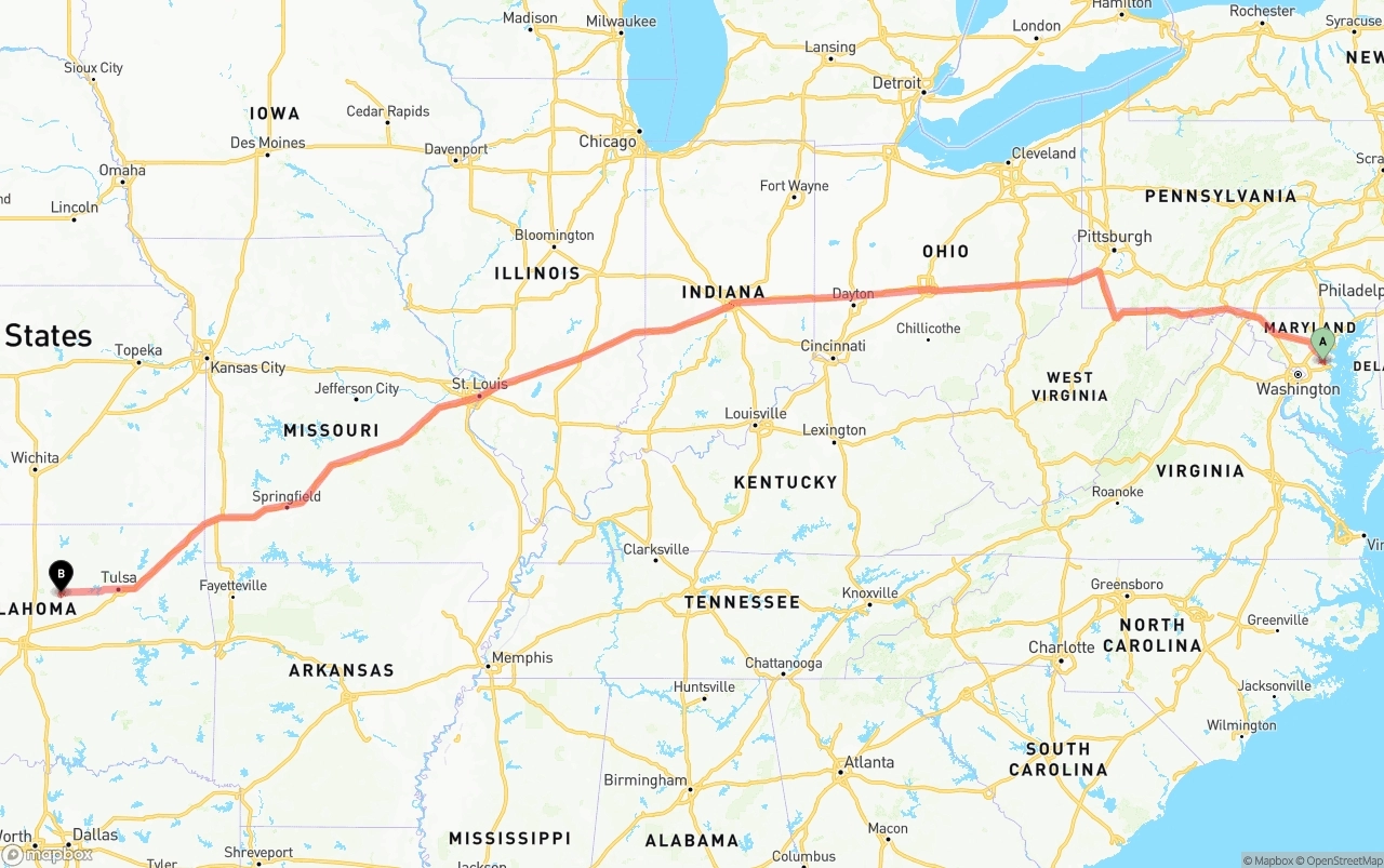 Shipping route from Maryland to Oklahoma