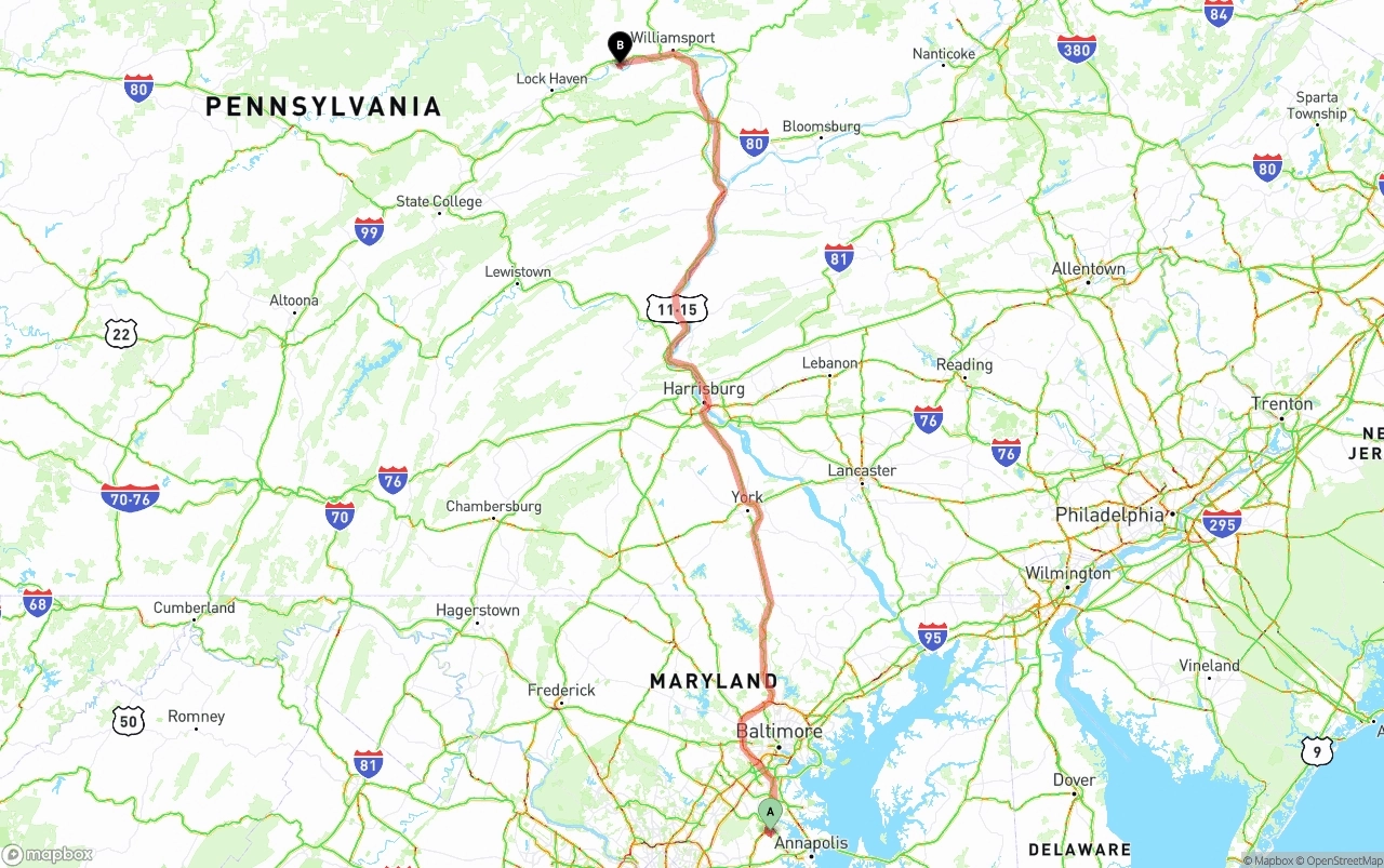 Shipping route from Maryland to Pennsylvania