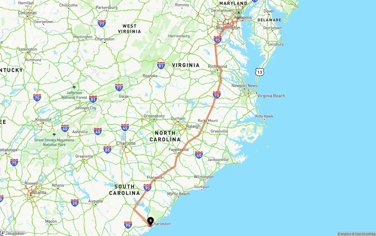 Shipping route from Maryland to Port of Charleston