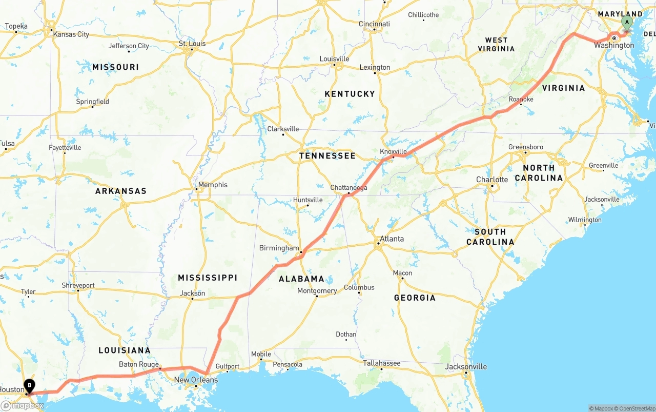 Shipping route from Maryland to Port of Houston