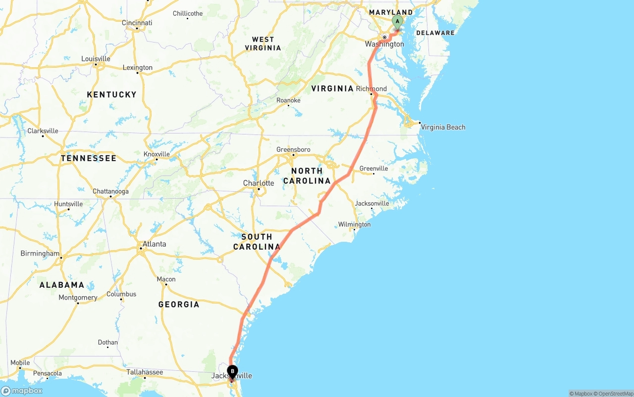 Shipping route from Maryland to Port of Jacksonville
