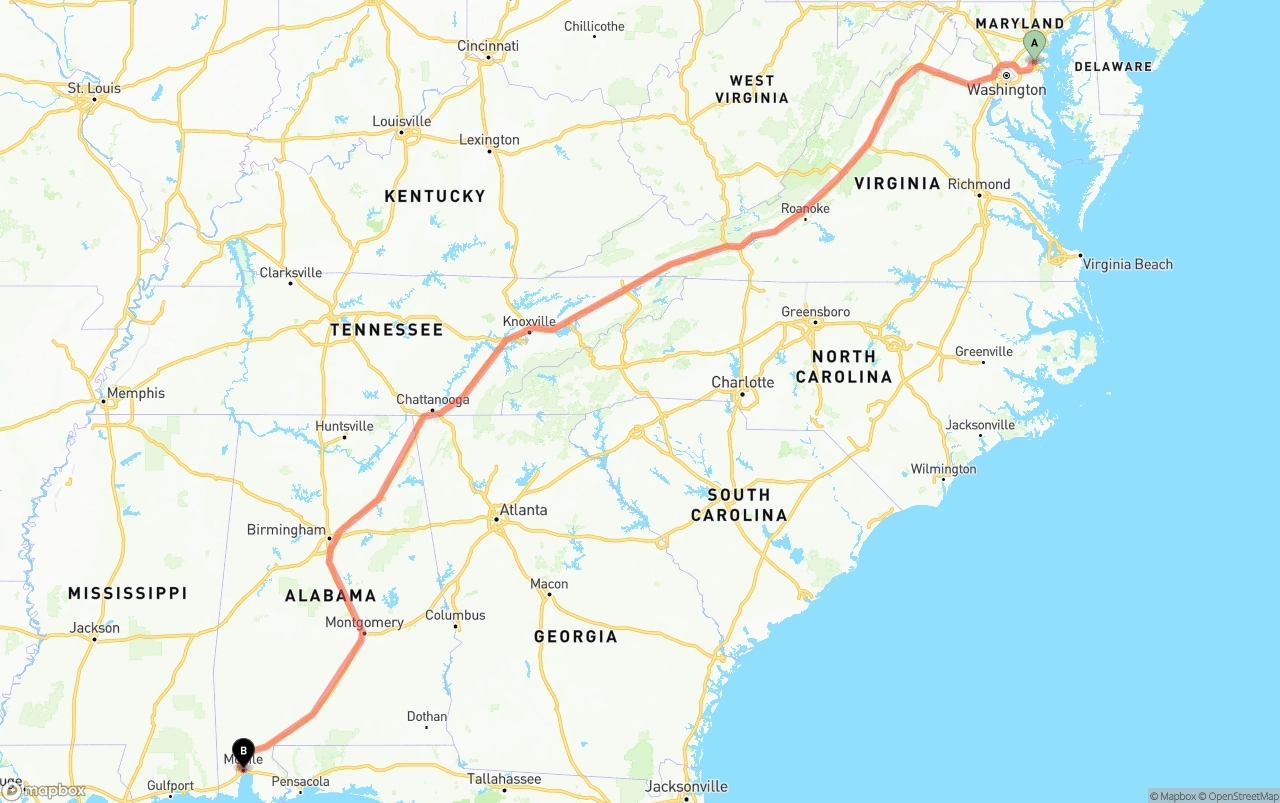 Shipping route from Maryland to Port of Mobile