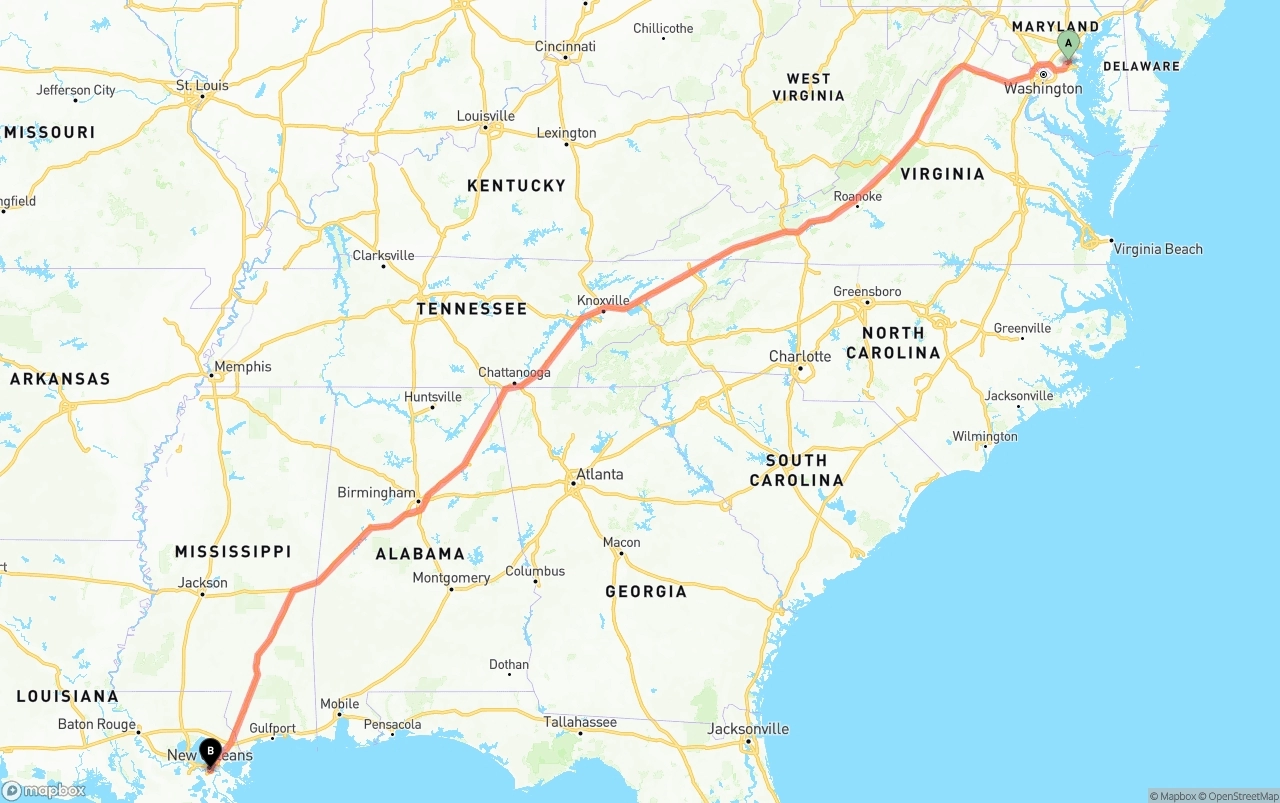 Shipping route from Maryland to Port of New Orleans