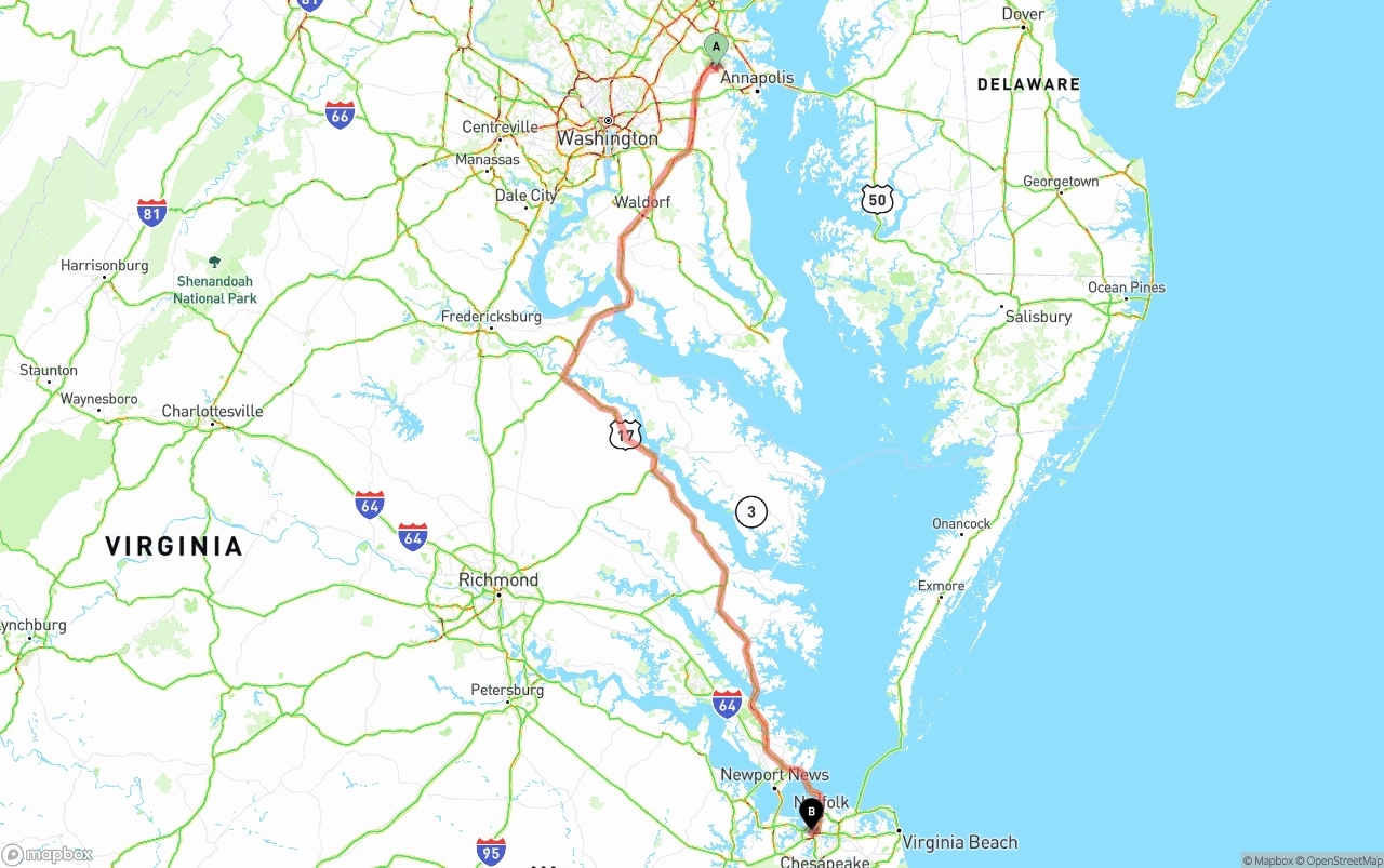 Shipping route from Maryland to Port of Norfolk