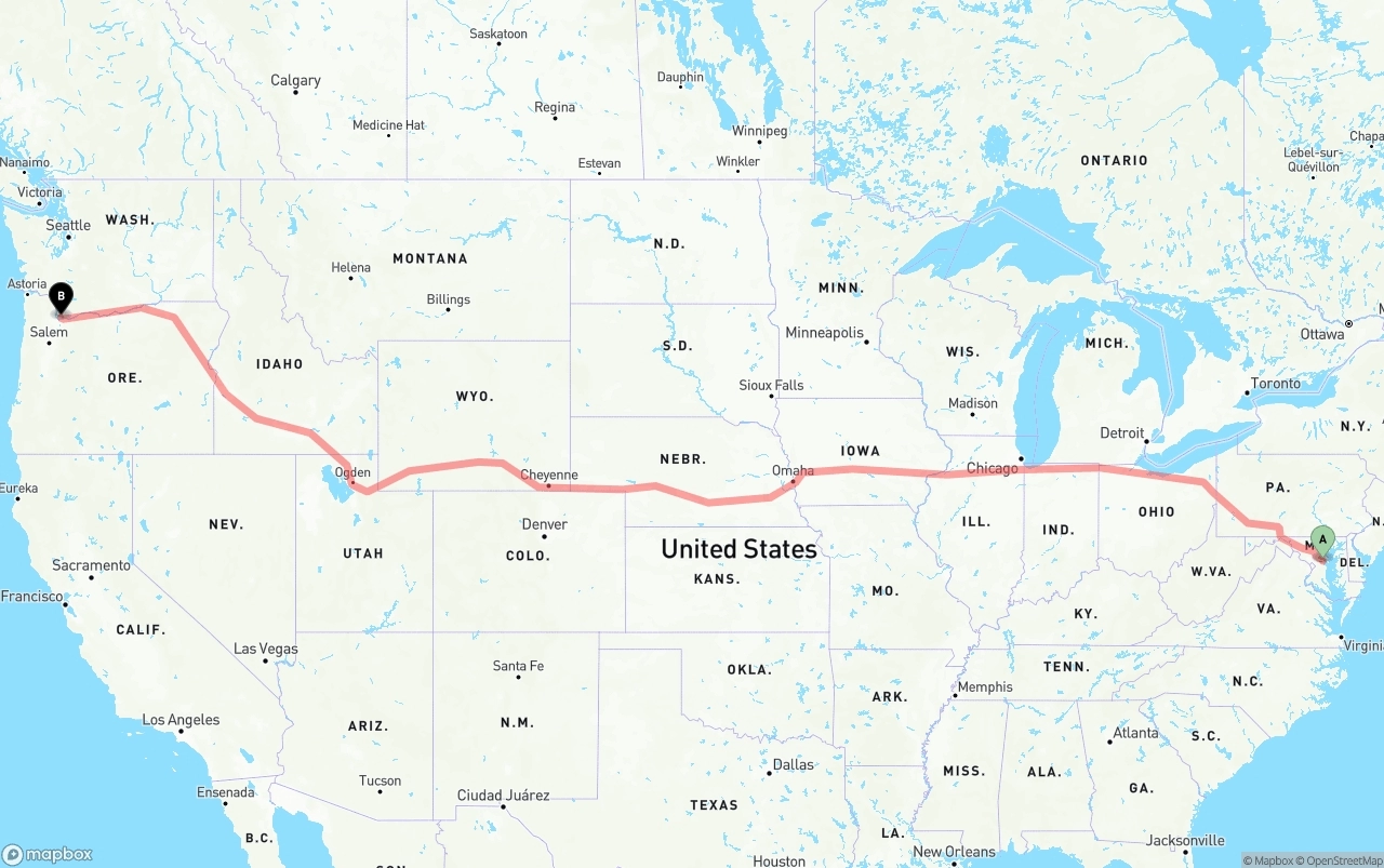 Shipping route from Maryland to Portland International Airport