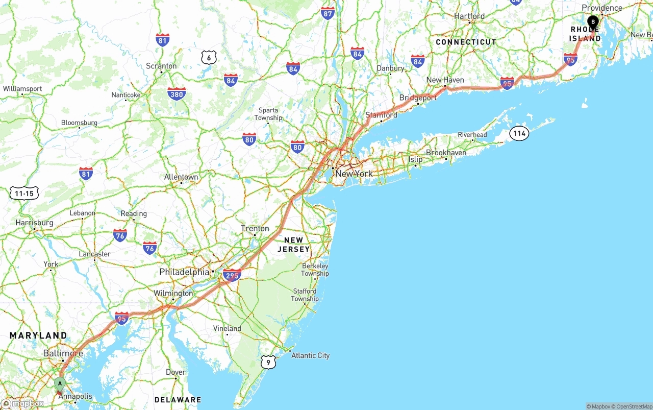 Shipping route from Maryland to Rhode Island