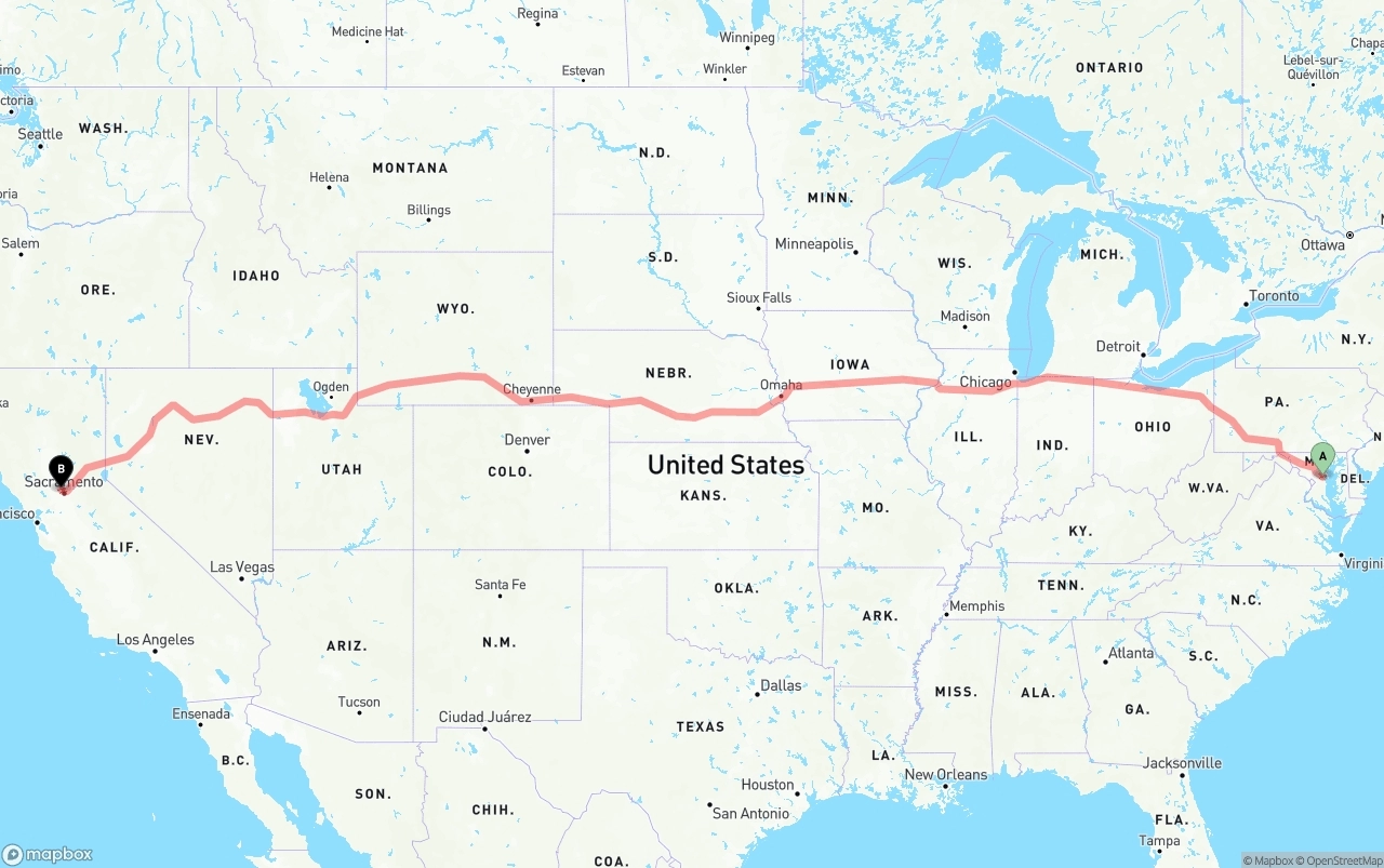 Shipping route from Maryland to Sacramento International Airport